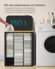 koš na prádlo s viečkom – 3 priehradkový zberný kôš na oblečenie, s objemom 150 l v čiernej farbe
