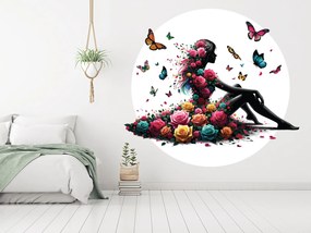 Sediaci kvetinové dievča textilní prelepiteľná nálepka na stenu list 45 x 40 cm
