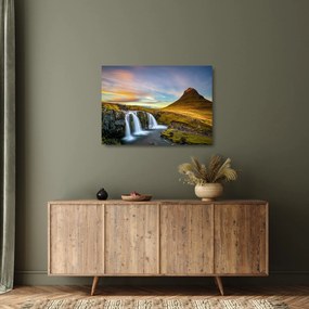 Sklenený obraz hory a vodopádov na Islande (70x50 cm)
