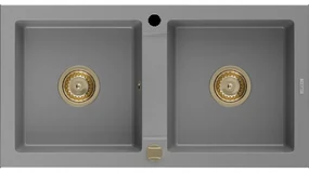 Mexen Mario granitový dvojkomorový drez 820 x 436 mm, Šedá, Sifón Zlatá - 6504822000-71-G