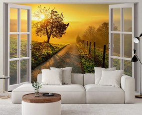 Gario Fototapeta Okno - západ slnka nad cestou Materiál: Vliesová, Rozmery: 210 x 150 cm