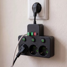 Toolight Toolight, JNH018, zásuvkový rozbočovač 3 zásuvky + 3× USB-A + USB-C s LED svetlom, čierna, OSW-56307