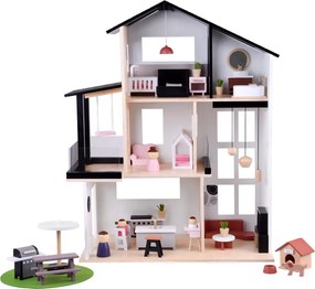 JOKOMISIADA Moderný drevený domček pre bábiky v štýle LOFT + bábiky a nábytok ZA5073