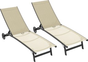 Outsunny set 2 lehátok s nastaviteľným chrbtom z hliníka a textilenu s kolieskami, nosnosť max. 150 kg, khaki | Aosom