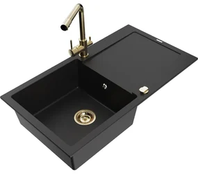 Mexen Leo, drez granitový 900x500x190 mm, 1-komorový a zlatá batéria Duero, čierna, 6501-77-671600-50