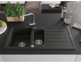 Mexen Andres, granitový drez 1000x500x200 mm, 1,5-komorový, čierna - zlatá metalíza s chrómovým sifónom a chrómová drezová batéria Rita, 6515-75-670300-00