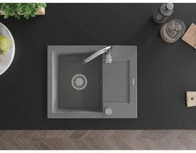 Mexen Enzo, 1-komorový granitový drez s odkvapkávačom 58x47 cm a kuchynskou batériou Telma, šedá, 6506-71-670200-00
