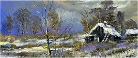Obraz chalúpky v zimnej krajine, olejomaľba (120x50 cm)