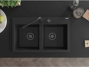 Mexen Hektor, 2-komorový granitový drez 800x480x205 mm, čierna, grafitový sifón, 6521802000-77-B