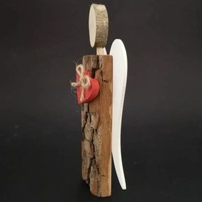 AMADEA Drevený anjel s kôrou s bielymi krídlami a čeveným srdcom, masívne drevo, 19x13,5x3 cm