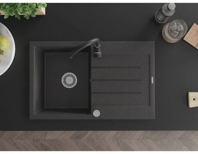Mexen Bruno, 1-komorový granitový drez s odkvapkávačom 795x495x200 mm a čierna kuchynská batéria Telma, čierna škvrnitá, 6513-76-670200-70
