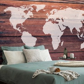 Tapeta mapa sveta s dreveným pozadím - 150x100