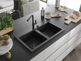 Mexen Hektor, 2-komorový granitový drez 800x480x205 mm, čierna-strieborná metalíza, grafitový sifón, 6521802000-73-B
