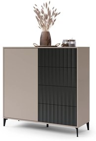 Komoda Rimini K-123S Béžová Taupe / Čierna matná - MODERNÁ SKRIŇA SO ZÁSUVKAMI A DRÁŽKOVANÝMI ČELAMI