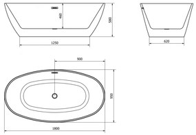 Mexen Eris, voľne stojaca vaňa 180 x 95 cm, biela-čierna, chrómový prepad, 53441809575-01