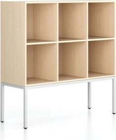 Regál FRAME, nízky, s bielou podnožou, 1299 x 450 x 1331 mm, breza