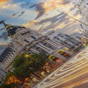 Obraz - Calle Gran Vía, Madrid, Španielsko (s hodinami) (90x30 cm)