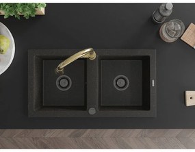 Mexen Mario, 2-komorový granitový drez 820x436x161 mm a drezová batéria Elia, čierna-zlatá metalíza, 6504-75-670101-50-B