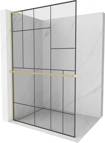 Mexen Kioto+ L, sprchová zástena Walk-In s poličkou a vešiakom 70 x 200 cm, 8mm číre sklo čierny vzor, zlatý matný profil, 800-070-123-55-78
