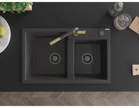 Mexen Tomas, 2-komorový granitový drez 800x500x190 mm a drezová batéria Flora, čierna škvrnitá, 6516-76-670401-75-B