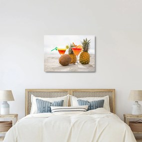 Sklenený obraz ananásov a pohárov na pláži (70x50 cm)