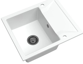 Sink Quality Obsidian, kuchynský granitový drez 590x500x210 mm + čierny sifón, biela, SKQ-OBS.W.1KKO.XB