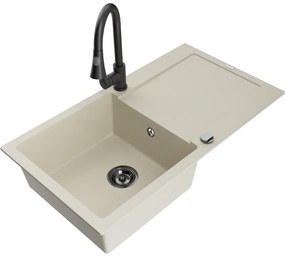 Mexen Leo, 1-komorový granitový drez 900x500x190 mm a drezová batéria Elia, béžová, 6501-69-670101-70