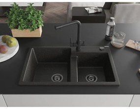 Mexen Tomas, granitový drez 800x500x190 mm, 2-komorový a čierna batéria Duero, čierna - zlatá metalíza, 6516-75-671600-70-B