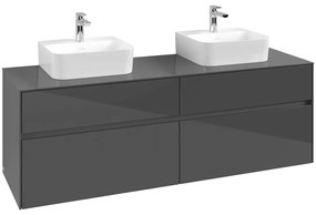VILLEROY &amp; BOCH Collaro závesná skrinka pod dve umývadlá na dosku, 4 zásuvky, 1600 x 500 x 548 mm, Glossy Grey, C10700FP
