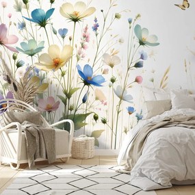 Tapeta pastelové kvety a lietajúce motýle