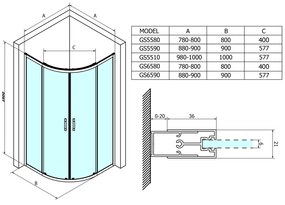 Gelco, SIGMA SIMPLY štvrťkruhová sprchová zástena 800x800mm, R550, sklo Brick, GS6580