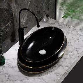 BPS-koupelny Keramické umývadlo na dosku HYD-YO-BL-GL-LN-600 60x40 cm, čierne/zlatý prúžok