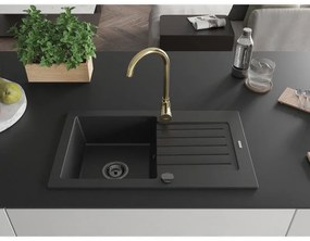 Mexen Pablo, granitový drez 752x436x161 mm, 1-komorový a zlatá batéria Telma, čierna, 6510-77-670200-50-B