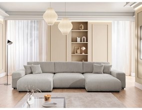 Svetlosivá menčestrová rozkladacia/s úložným priestorom rohová pohovka (do tvaru "U") Sarina – Ropez