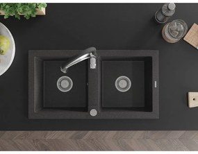 Mexen Mario, granitový drez 820x436x161 mm, 2-komorový a drezová batéria Aster, čierna škvrnitá, 6504-76-73450-07