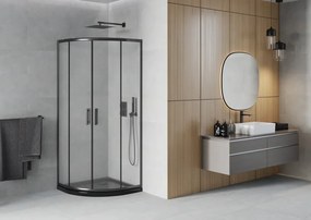 Mexen Rio, štvrťkruhový sprchovací kút s posuvnými dverami 80(dvere) x 80(dvere) x 190 cm, 6mm sklo námraza, čierny profil + čierna sprchová vanička SLIM, 863-080-080-70-30-4170B