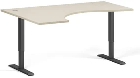 Ergonomický výškovo nastaviteľný stôl, 160x120 cm, 1 motor, L/P, čierna podnož, breza