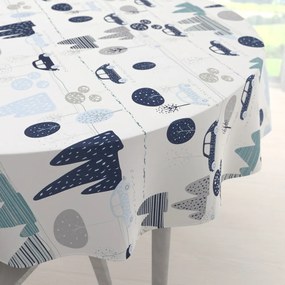 Biante Detský bavlnený okrúhly obrus Sandra SA-685 Modré autá medzi stromami na bielom Ø 120 cm