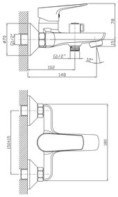 Aqualine Aqualine, LOTTA Nástenná vaňová batéria, rozteč 150mm, čierna matná, LT610B