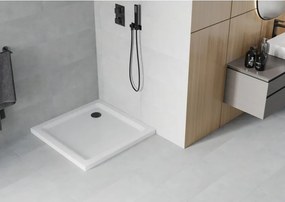 Mexen Flat štvorcový sprchovací kút slim 90 x 90 cm, biely, čierny sifón - 40109090B