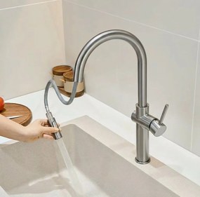 Rea Fresh High, kuchynská batéria s výsuvnou spŕškou, brúsená oceľ, REA-B6330