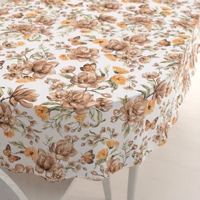 Biante Bavlnený oválny obrus Sandra SA-458 Hnedé kvety magnólie s motýlikmi na bielom 140x220 cm
