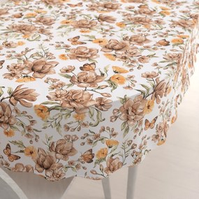 Biante Bavlnený oválny obrus Sandra SA-458 Hnedé kvety magnólie s motýlikmi na bielom 60x100 cm