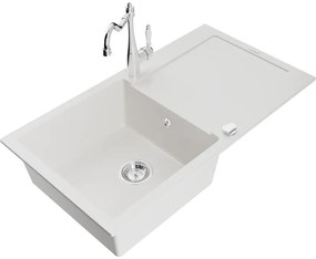 Mexen Leo, granitový drez 900x500x190 mm, 1-komorový a drezová batéria Carla, biela, 6501-20-670700-00