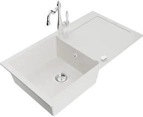 Mexen Leo, granitový drez 900x500x190 mm, 1-komorový a drezová batéria Carla, biela, 6501-20-670700-00