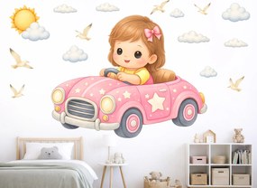 Dievčatko v autíčku textilní prelepiteľné nálepky na stenu hárok 46 x 36 cm