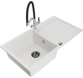 Mexen Leo, 1-komorový granitový drez 900x500x190 mm a drezová batéria Duo, biela, 6501-20-671701-07-B