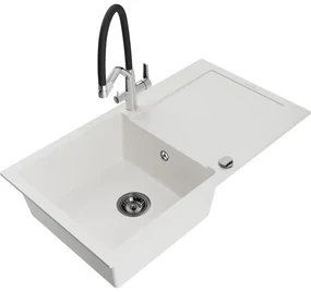 Mexen Leo, 1-komorový granitový drez 900x500x190 mm a drezová batéria Duo, biela, 6501-20-671701-07-B