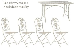 Záhradný set - kávový stolík 100x50x56 cm + 4 skladacie stoličky, biely kov s patinou