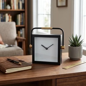 Dizajnové čierne hranaté stolné hodiny s kovovým madlom - 19*5*19 cm / 1*AA